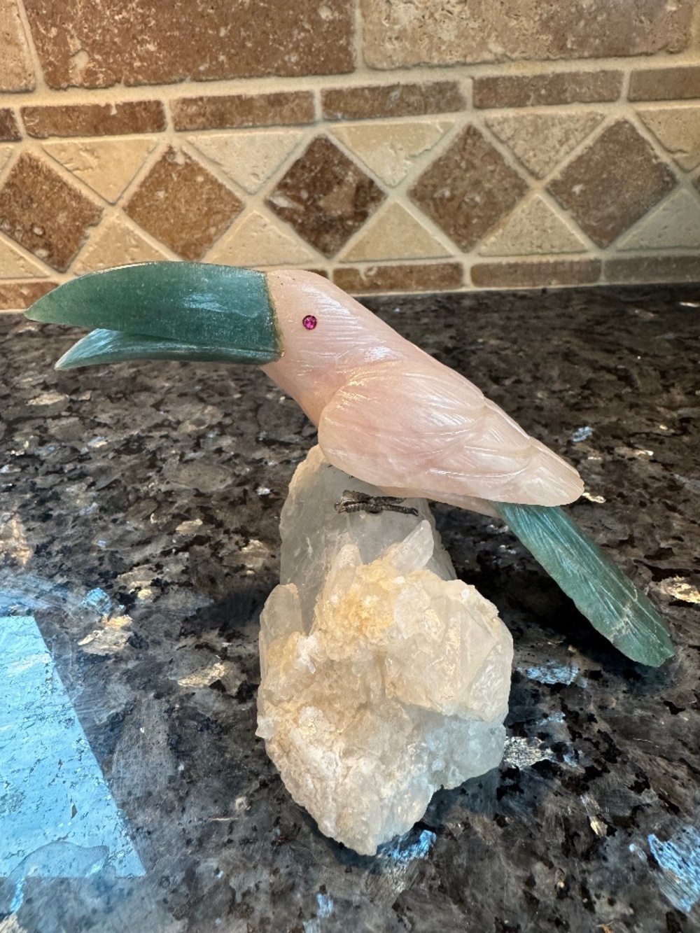 Unique Rare Hand Carved Brazilian Rose Quartz Rock Crystal Quartz & Olivine Bird